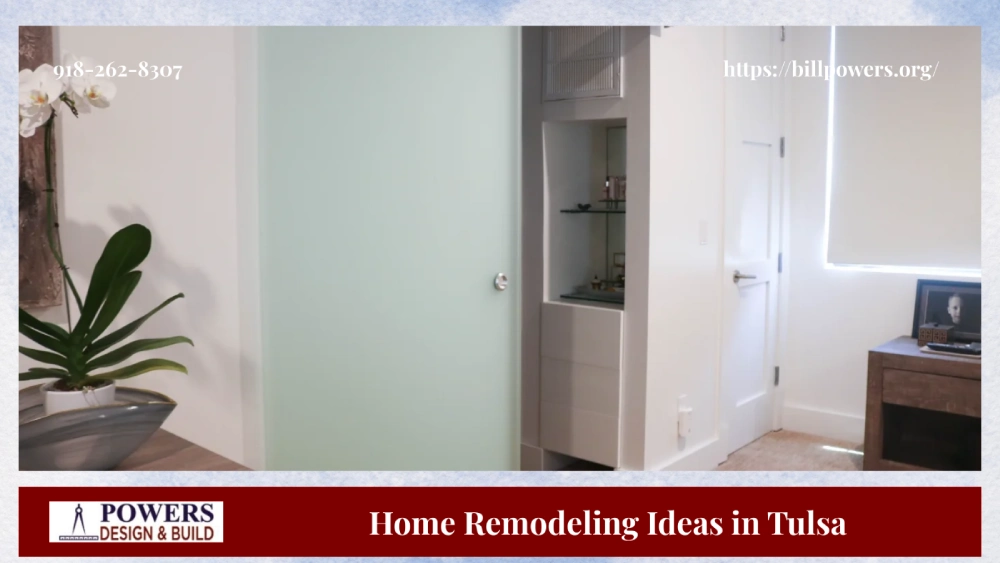 Modern Tulsa home remodel with frosted glass door and custom shelving