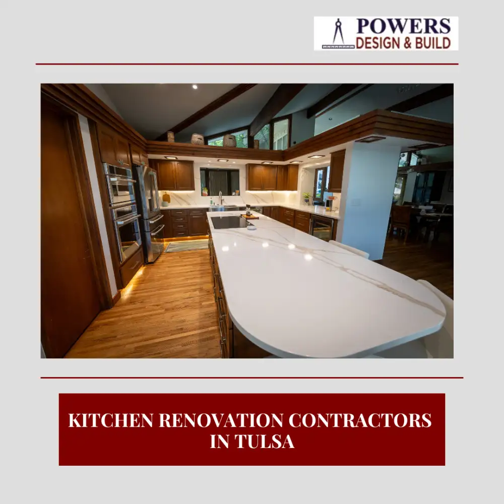 Renovated Tulsa kitchen featuring hardwood floors and marble-style island